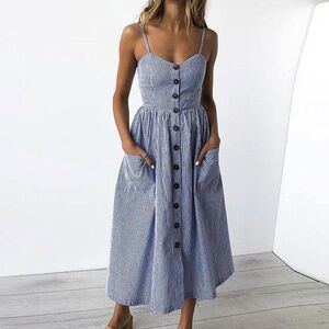Slide Show Blue White Pinstripe Cottagecore Button Front Midi Dress Size 12